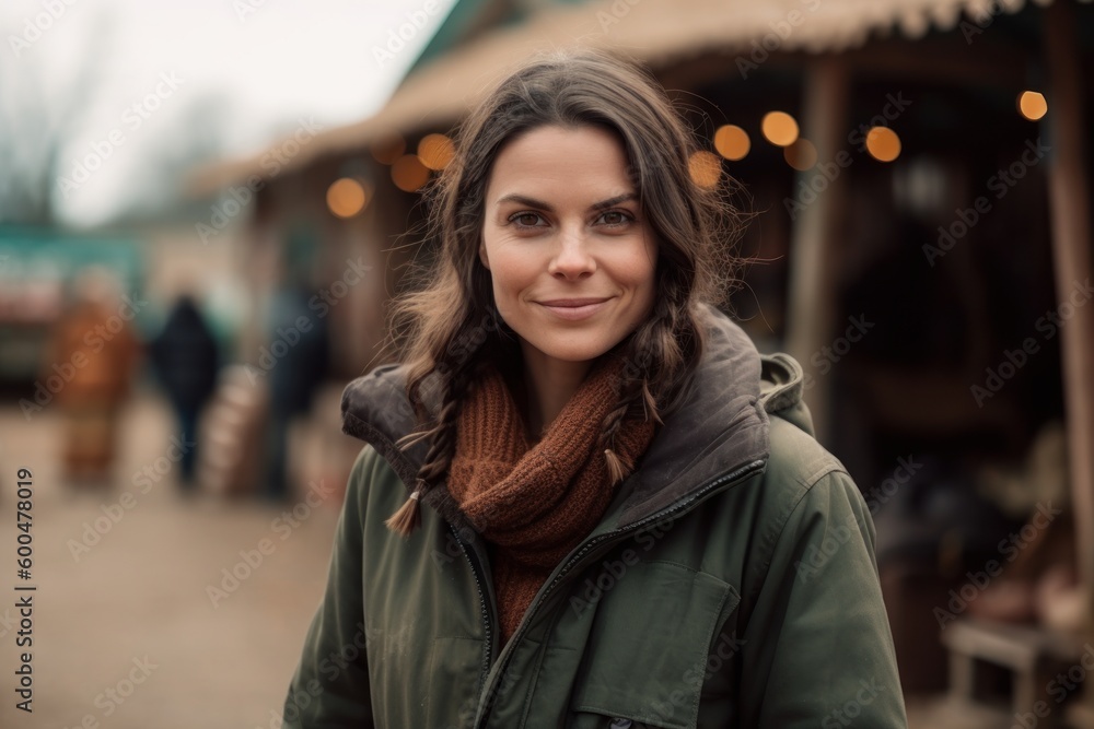 Portrait of a young woman on the background of a Christmas market
