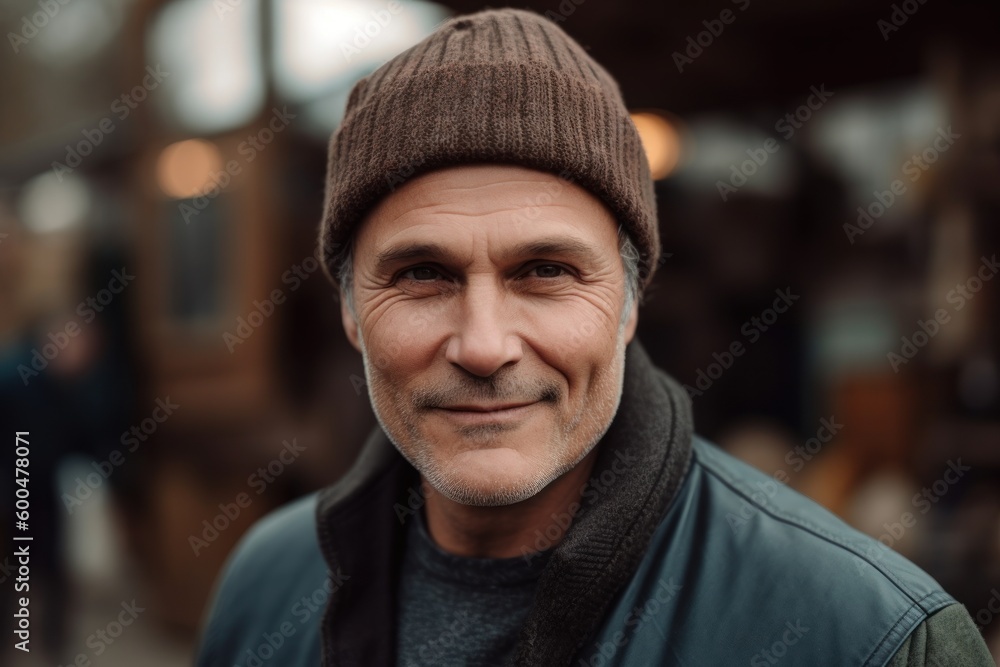 Portrait of a middle-aged man in a knitted hat Portrait of a middle-aged man in a knitted hat