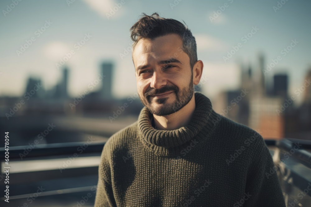 Handsome bearded man in a green sweater on the roof of a skyscraper Handsome bearded man in a green sweater on the roof of a skyscraper