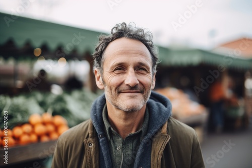 Portrait of smiling mature man standing at market stall, looking at camera