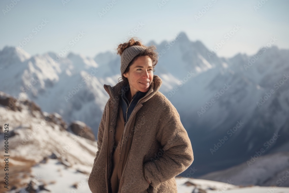 Portrait of a middle-aged woman on the background of mountains