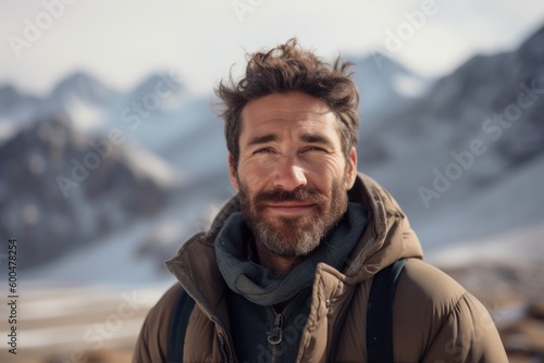 Medium shot portrait photography of a grinning man in his 30s wearing a cozy sweater against a snowy mountain peak or summit background. Generative AI
