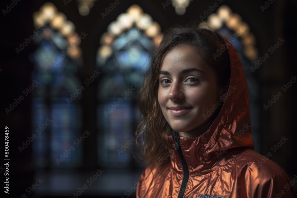 Portrait of a beautiful girl in a red raincoat in the church