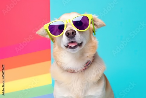 Cool and colorful dog with sunglasses. Rainbow colors. Diversity  tolerance  inclusion concept. Different and unique to be. Fashionable doggy. Generative AI.