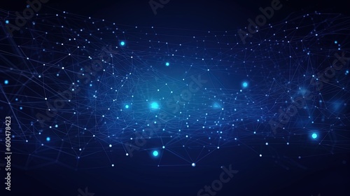 Dark blue futuristic background with particle light, big data, binary number, internet and network. Generative AI