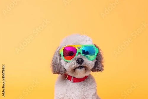 Cool and colorful dog with sunglasses. Rainbow colors. Diversity, tolerance, inclusion concept. Different and unique to be. Fashionable doggy. Generative AI. © Tamara