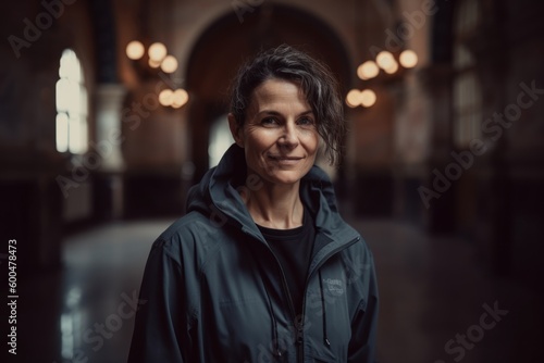 Portrait of a smiling woman in a raincoat in the city. © Robert MEYNER
