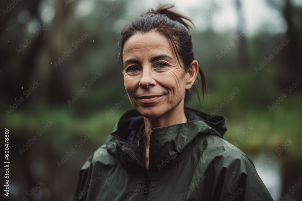 Portrait of smiling mature woman in raincoat looking at camera in forest Portrait of smiling mature woman in raincoat looking at camera in forest