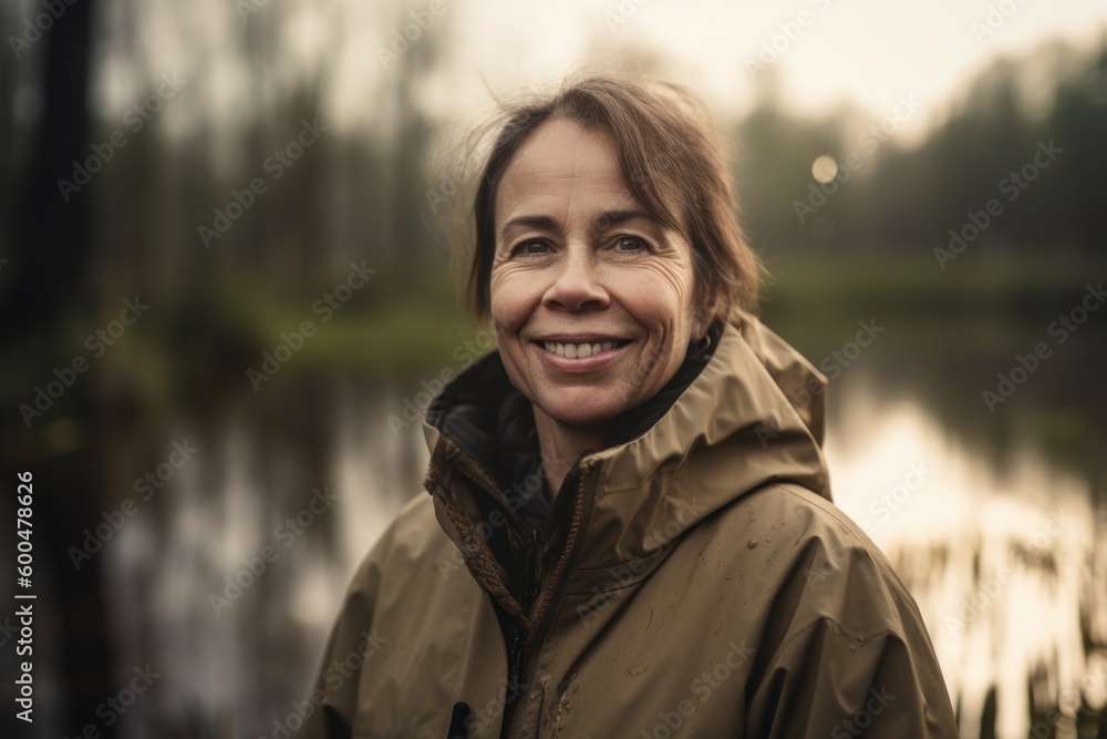 Portrait of a smiling middle-aged woman in a raincoat on the background of a lake Portrait of a smiling middle-aged woman in a raincoat on the background of a lake