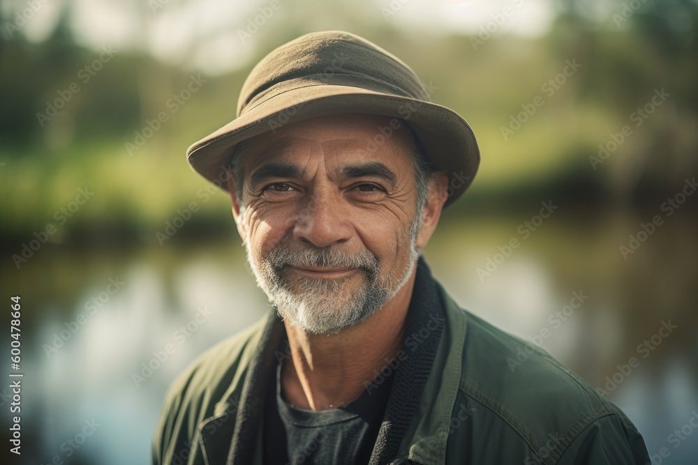 Portrait of a senior man in a hat on the river bank