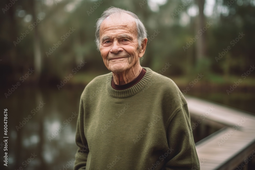 Portrait of an elderly man in a green sweater standing by the lake Portrait of an elderly man in a green sweater standing by the lake