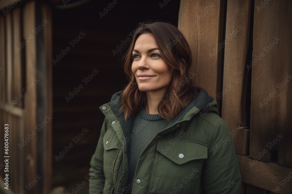Portrait of a beautiful young woman in a green coat on a wooden background Portrait of a beautiful young woman in a green coat on a wooden background