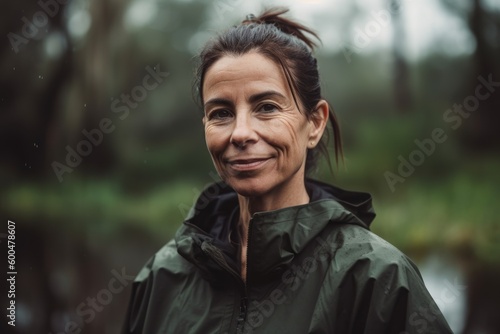 Portrait of smiling mature woman in raincoat looking at camera in forest © Robert MEYNER