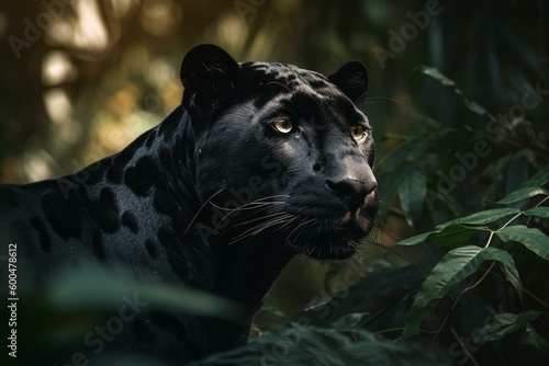 Black panther amidst foliage. Generative AI