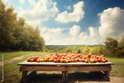 Fruitful Harvest. Behold the abundance of lush apple trees with fruit arranged over a table, against a picturesque backdrop of blue sky and white clouds. Product promotion AI Generative