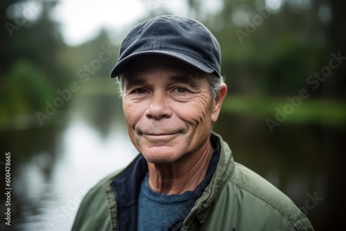 Group portrait photography of a satisfied man in his 50s wearing a cool cap or hat against a swampy or bayou background. Generative AI