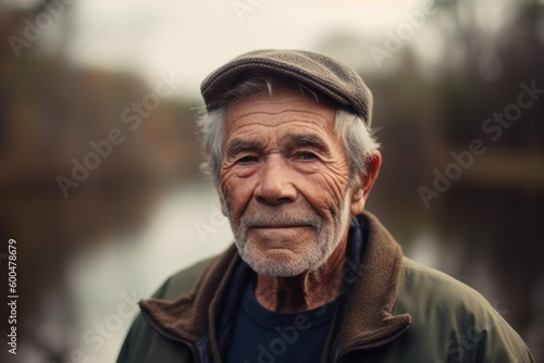 Portrait of an old man in a cap on the background of the river