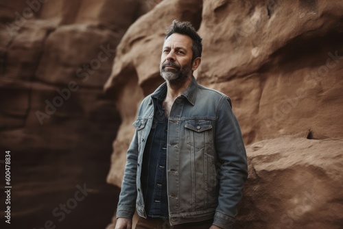 Handsome middle-aged man with beard and mustache, wearing jeans jacket, standing in front of red rocks, looking at camera
