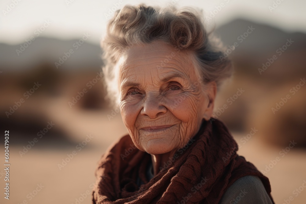 Portrait of a senior woman in the desert. Selective focus. Portrait of a senior woman in the desert. Selective focus.