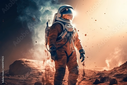Beautiful astronaut stand in in a desert on a different planet. Generative AI