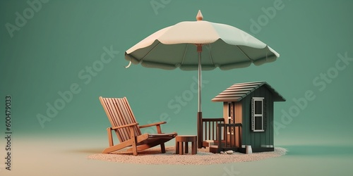 deckchair, parasol and hut, wood, 3d cartoon atmosphere