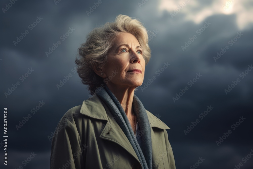 Portrait of a senior woman standing against stormy sky background. Portrait of a senior woman standing against stormy sky background.