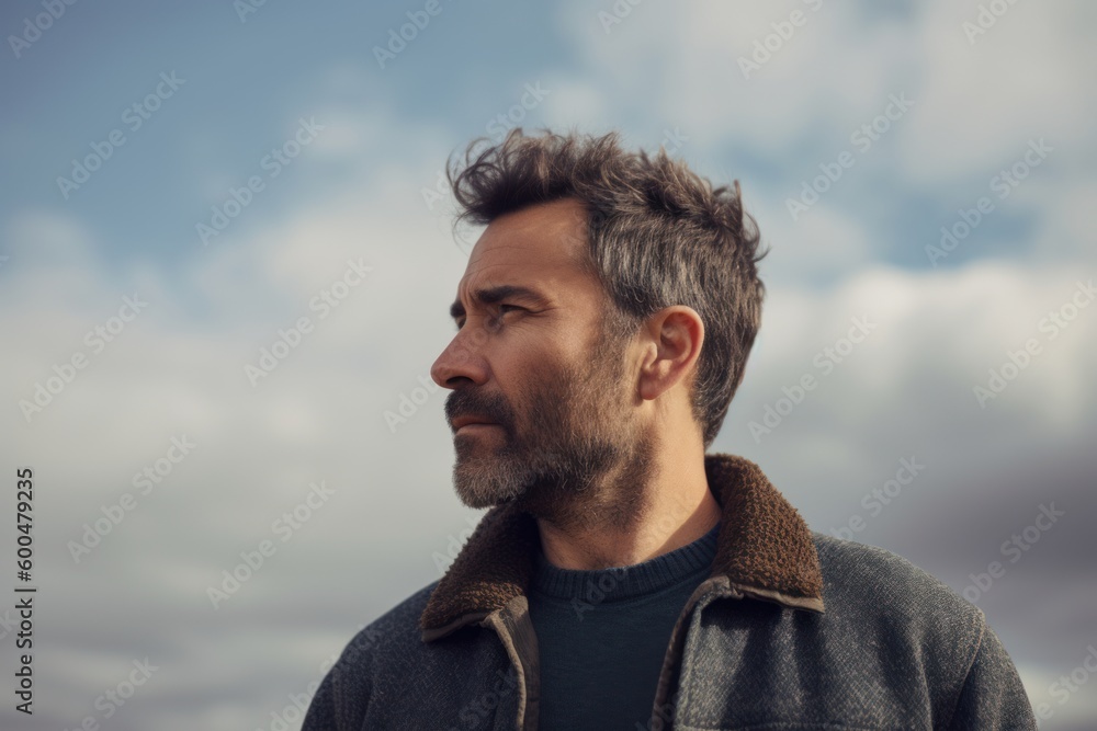 Portrait of a handsome bearded man with grey hair on a cloudy sky background Portrait of a handsome bearded man with grey hair on a cloudy sky background