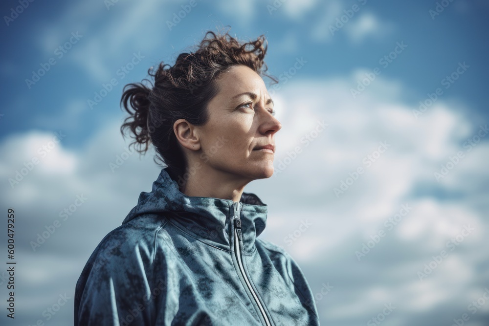 Portrait of a beautiful young woman with curly hair against a cloudy sky Portrait of a beautiful young woman with curly hair against a cloudy sky