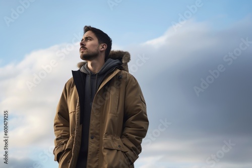 Handsome young man in coat looking away while standing against cloudy sky