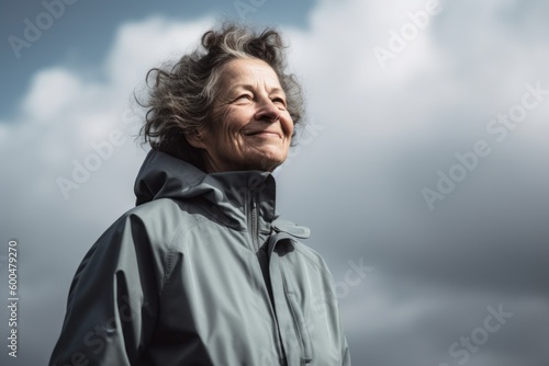 Portrait of a happy senior woman in a raincoat against cloudy sky