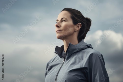 Environmental portrait photography of a satisfied woman in her 40s wearing a comfortable tracksuit against a sky and clouds background. Generative AI photo