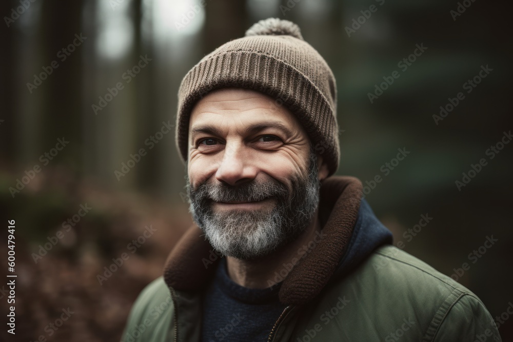 Portrait of a bearded man in a winter hat and jacket in the forest Portrait of a bearded man in a winter hat and jacket in the forest