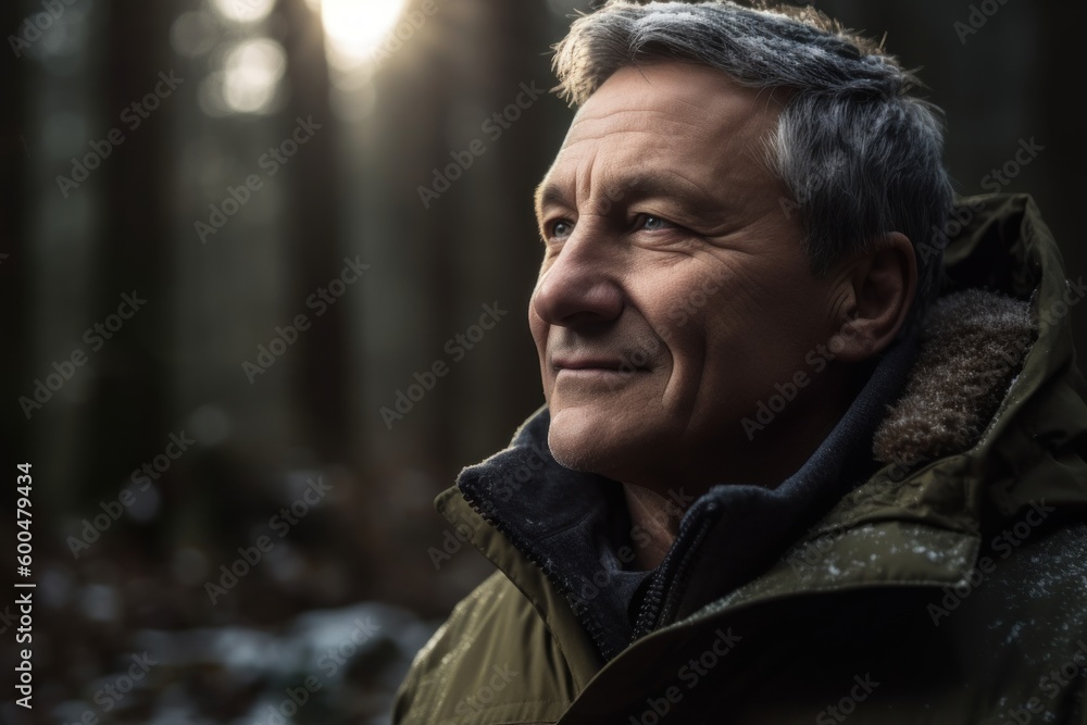 Portrait of a senior man with grey hair in the winter forest