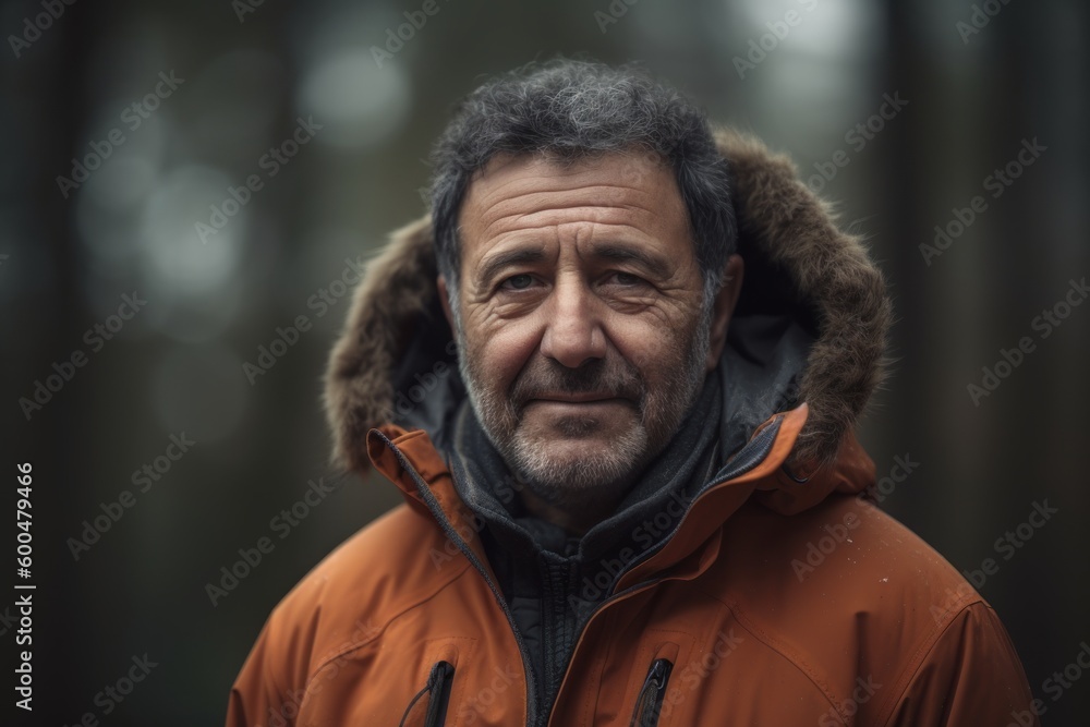 Fototapeta premium Portrait of a middle-aged man in an orange jacket in the woods