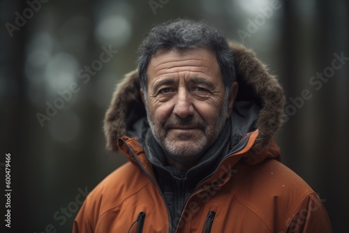 Portrait of a middle-aged man in an orange jacket in the woods