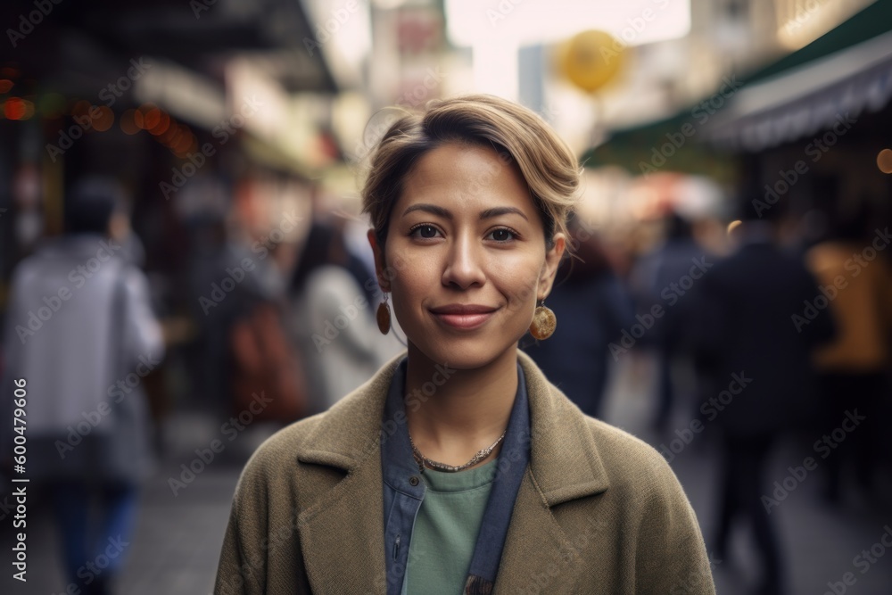 Group portrait photography of a pleased woman in her 30s wearing a chic cardigan against a bustling market or street scene background. Generative AI Group portrait photography of a pleased woman in her 30s wearing a chic cardigan against a bustling market or street scene background. Generative AI