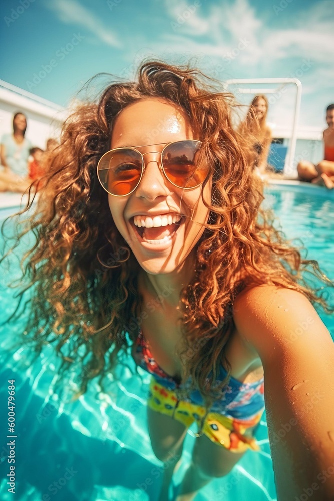 Laughing Young Woman with Curly Hair in a Summer Pool Party Photorealistic Illustration [Generative AI]