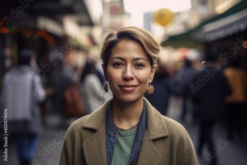 Group portrait photography of a pleased woman in her 30s wearing a chic cardigan against a bustling market or street scene background. Generative AI