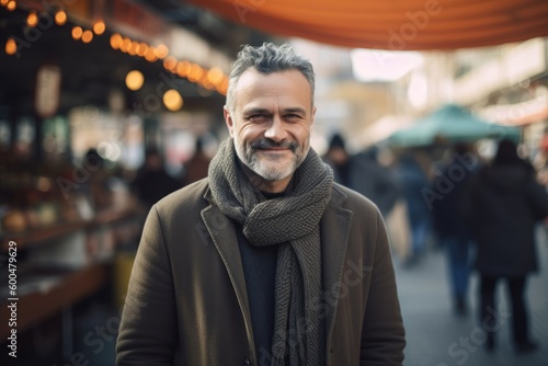 Portrait of a handsome middle-aged man with gray hair and beard, wearing a coat and scarf, looking at the camera and smiling while standing in a street cafe.