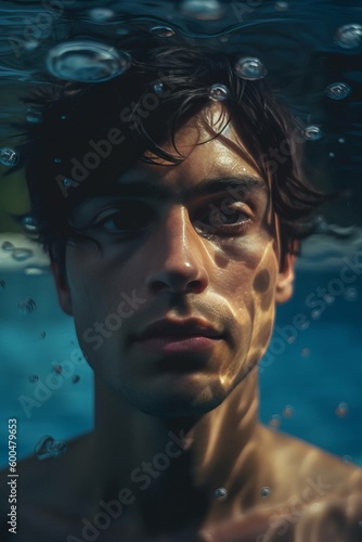 Young Man Swimming  Underwater with Sad or Neutral Expression on His Face Photorealistic Illustration [Generative AI] photo