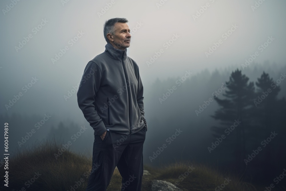 Handsome middle-aged man standing on top of a mountain in the fog