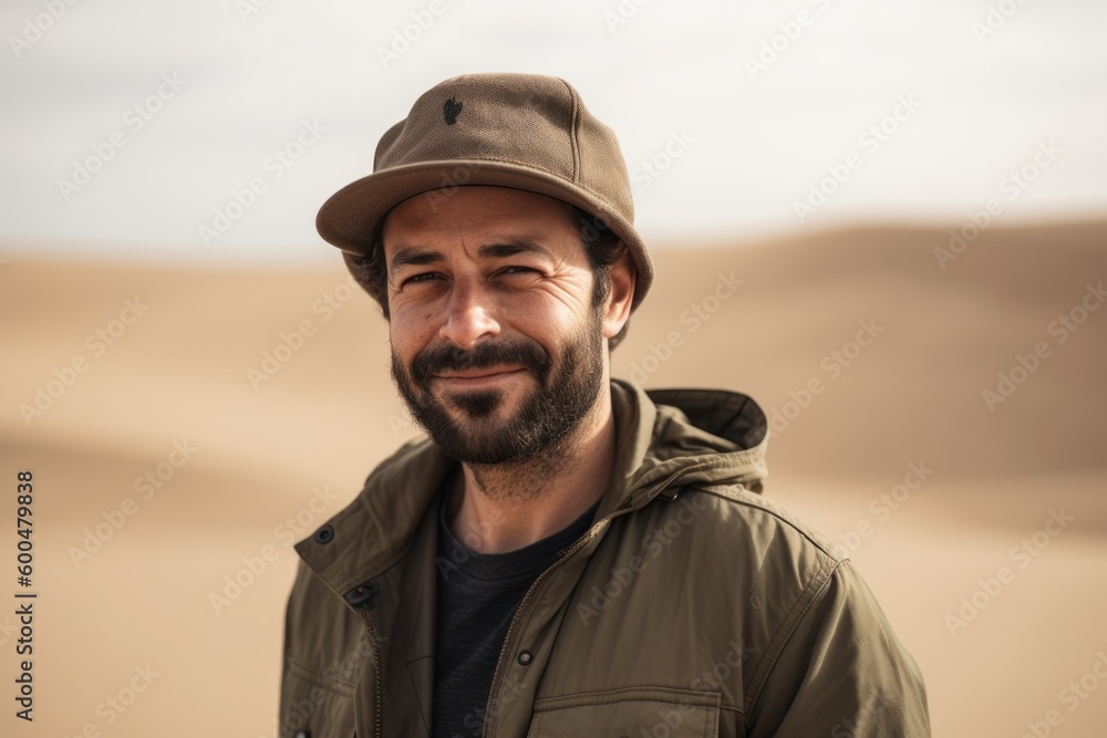 Handsome bearded man wearing a cap and jacket in the desert