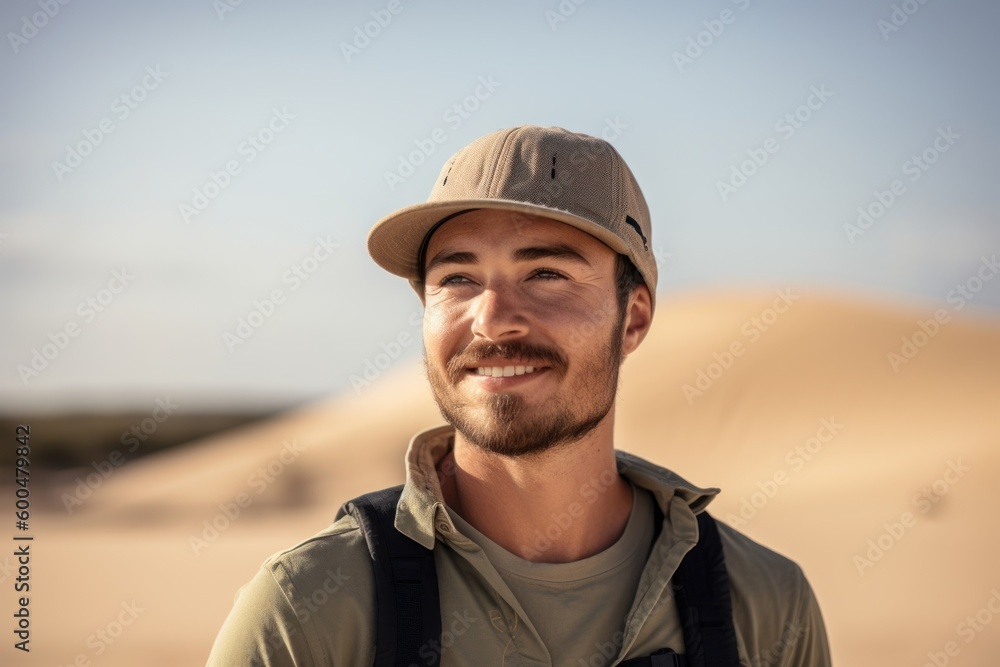 Portrait of a smiling young man in the middle of the desert Portrait of a smiling young man in the middle of the desert