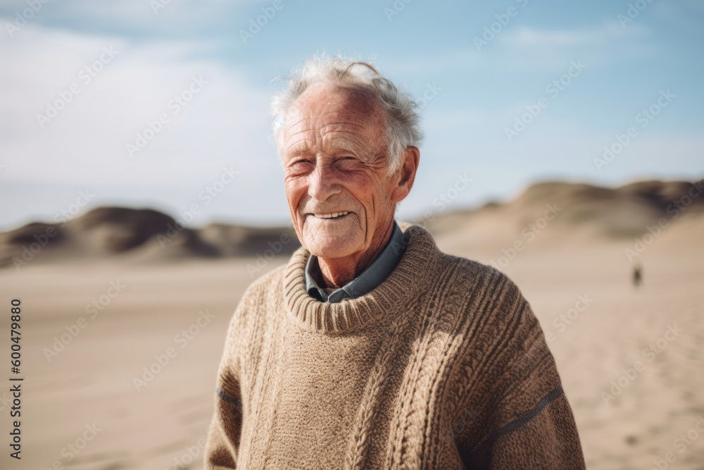 Portrait of happy senior man in warm sweater standing in dunes Portrait of happy senior man in warm sweater standing in dunes