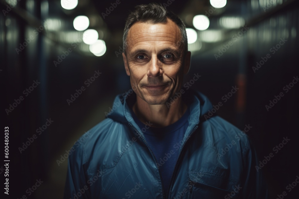 Portrait of a middle-aged man in a dark underground tunnel Portrait of a middle-aged man in a dark underground tunnel