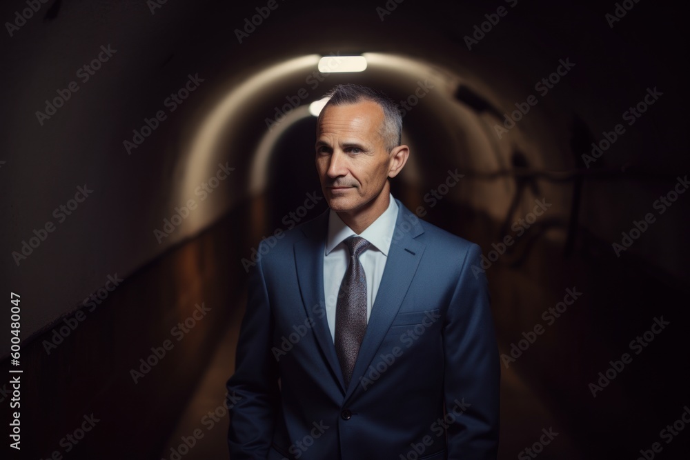 Portrait of a senior businessman standing in an underground tunnel looking at the camera Portrait of a senior businessman standing in an underground tunnel looking at the camera