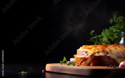 Croque monsieur ham and cheese sandwich food on black bacground. Generative AI photo