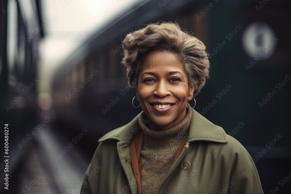 Portrait of smiling african american woman at train station. Portrait of smiling african american woman at train station.