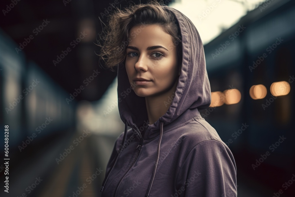 Portrait of a beautiful young woman in a purple hoodie. Portrait of a beautiful young woman in a purple hoodie.