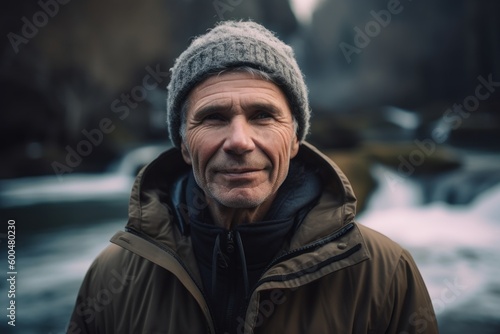 Portrait of an elderly man in the winter in the forest.
